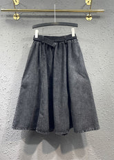 Casual Schwarz Grau Elastische Taille Plissee Tasche Denim Rock Herbst